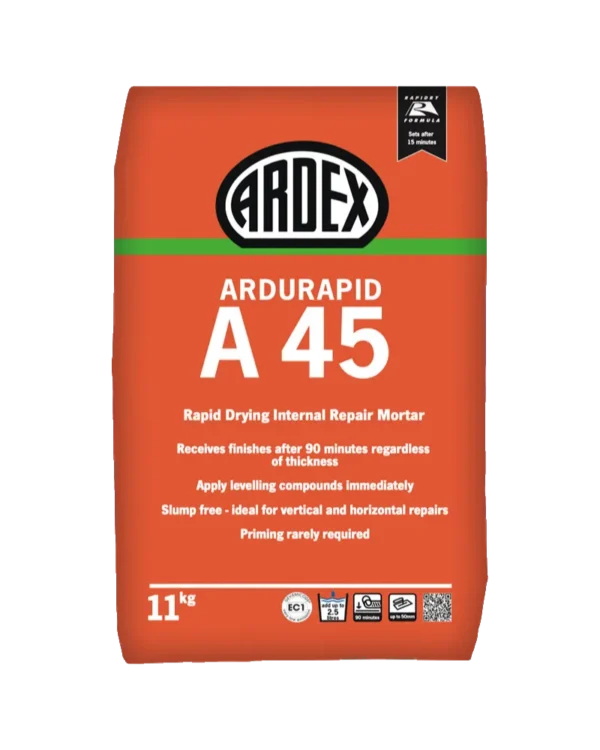 ARDEX ARDURAPID A 45 is a rapid drying and hardening, slump free mortar for internal repairs